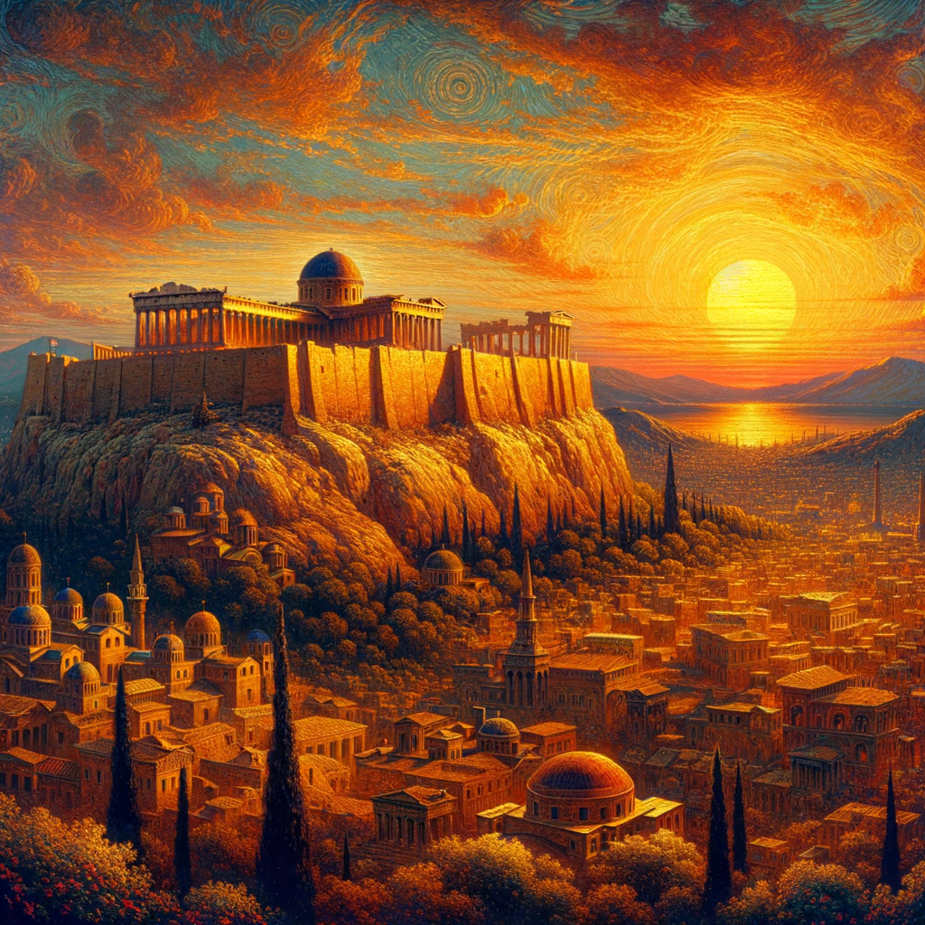 Acropolis view with vibrant sunset backdrop.