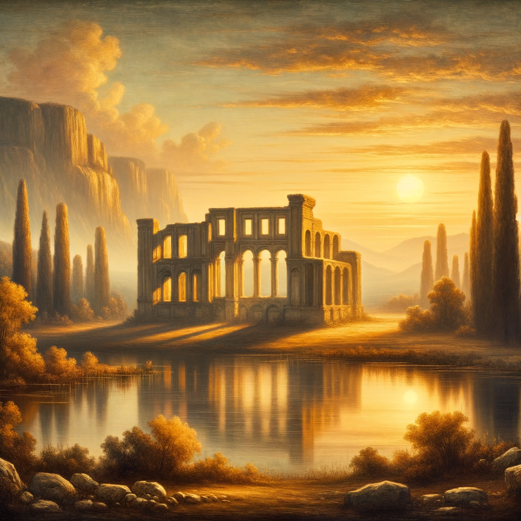 Ancient ruins bathed in golden sunset.