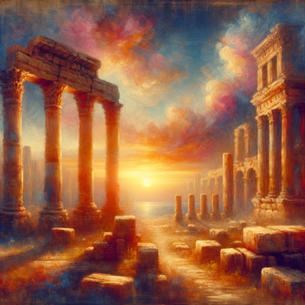 Ancient ruins beneath a vibrant sunset.