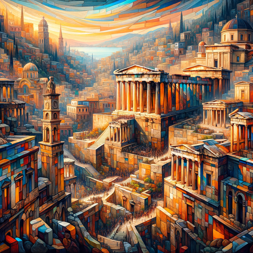 Ancient ruins blending with vibrant Athens skyline.