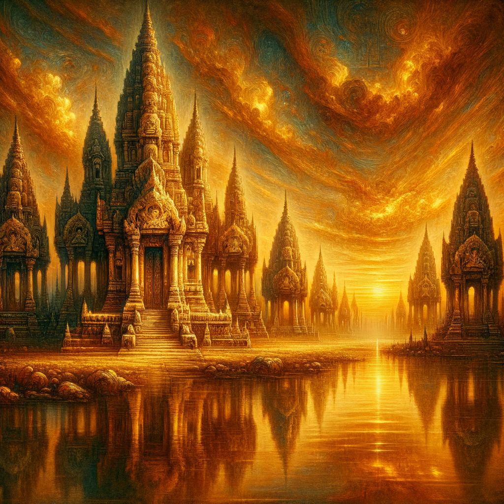 Ancient temples under golden sunset glow.