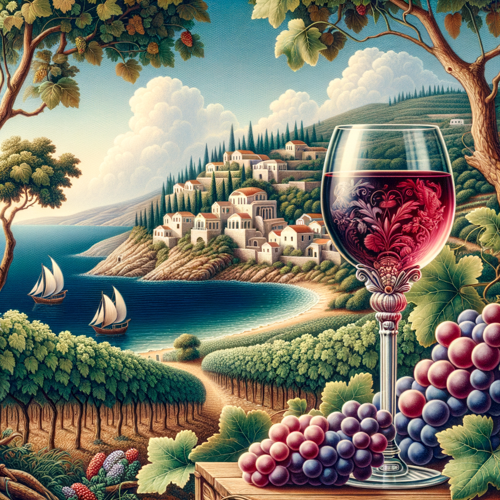 Greek vineyards, wine glasses, and scenic coastline.