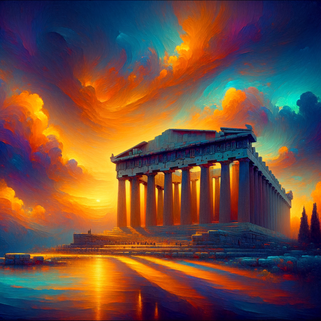 Parthenon at sunset with vibrant skies.