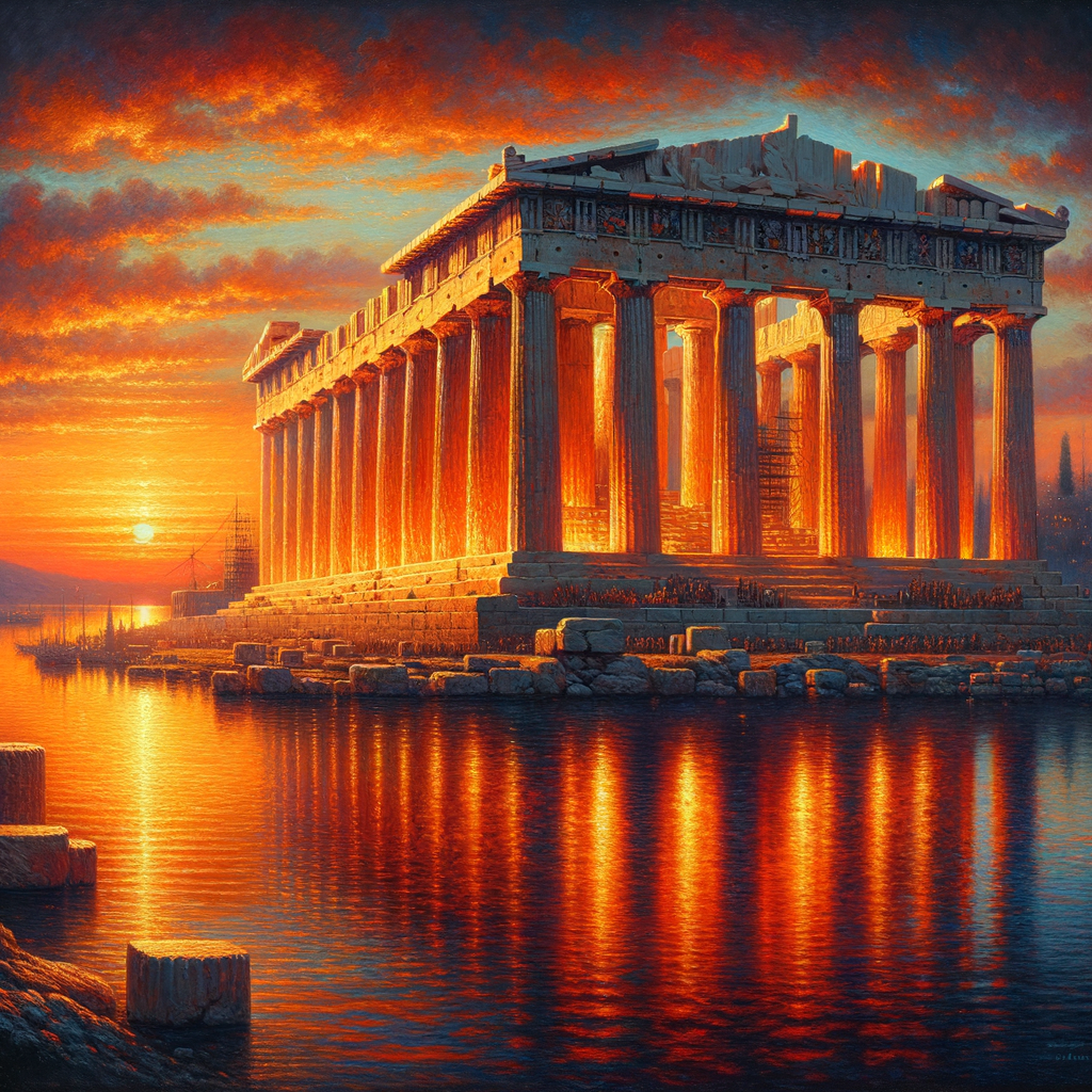 Parthenon sunset with vibrant Saronic waters.