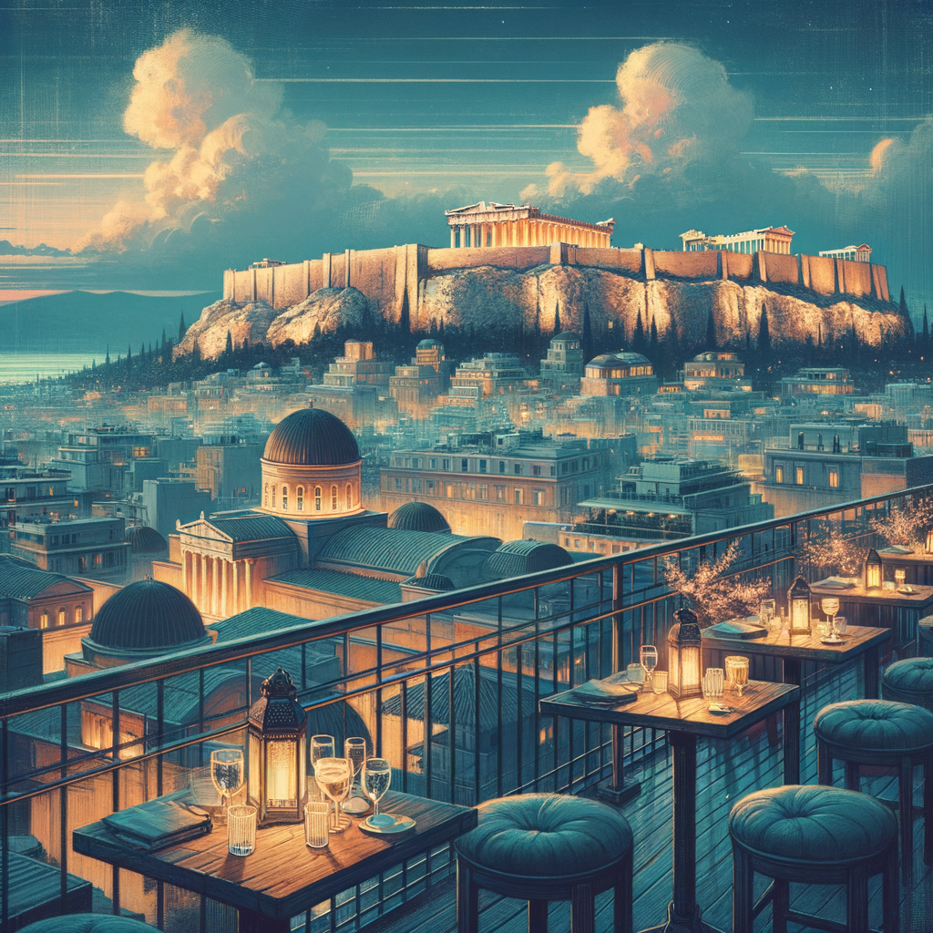 Rooftop bar view of illuminated Acropolis.