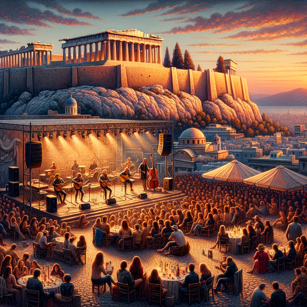 Rooftop concert overlooking Acropolis at sunset.