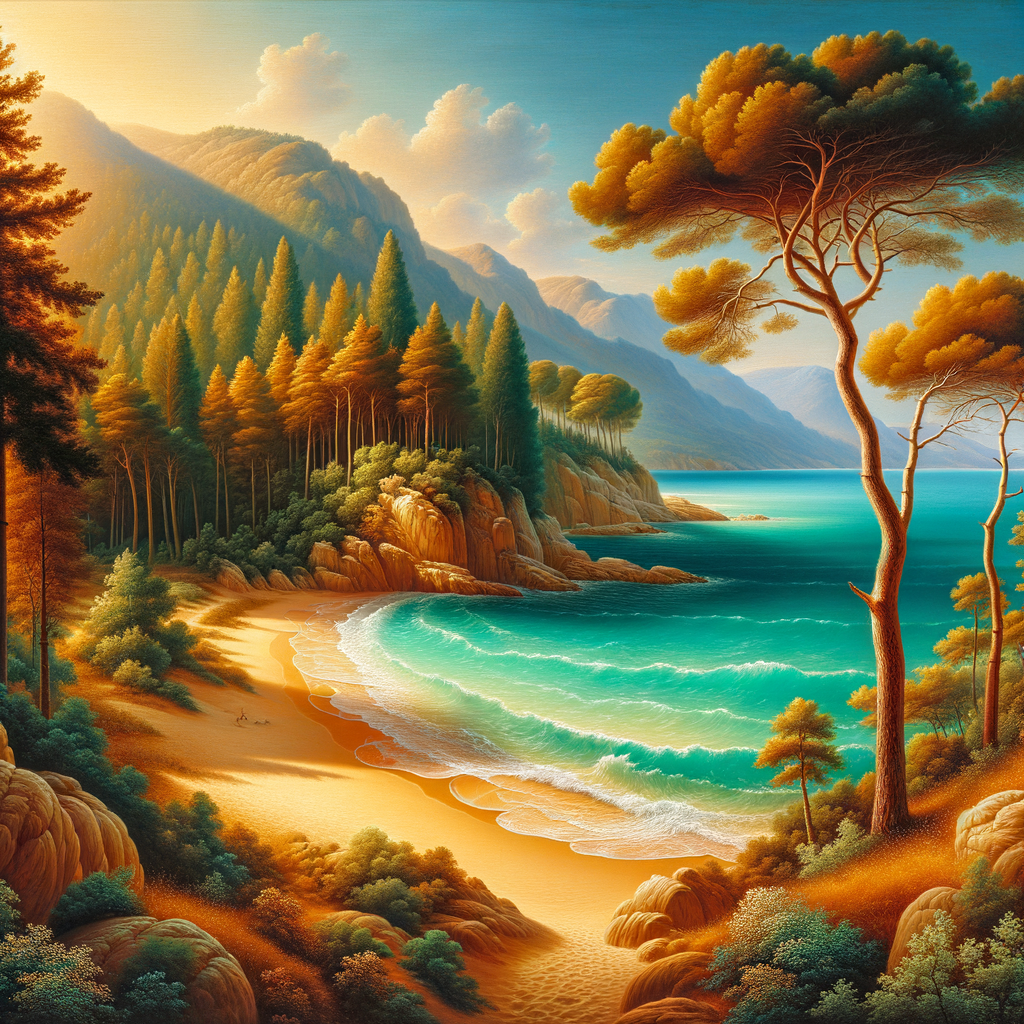 Sunlit beach with turquoise waters, pine forests.