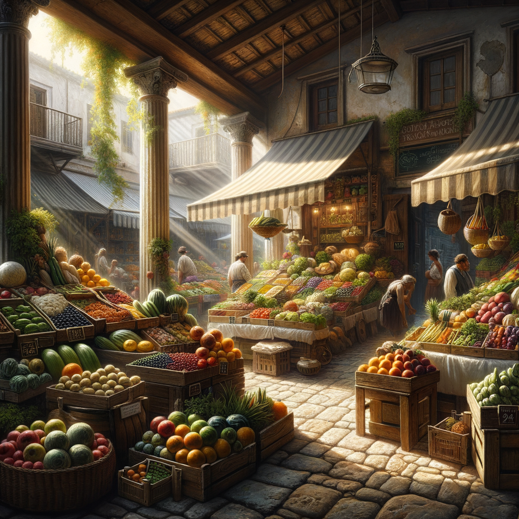 Sunlit Greek market with fresh produce.