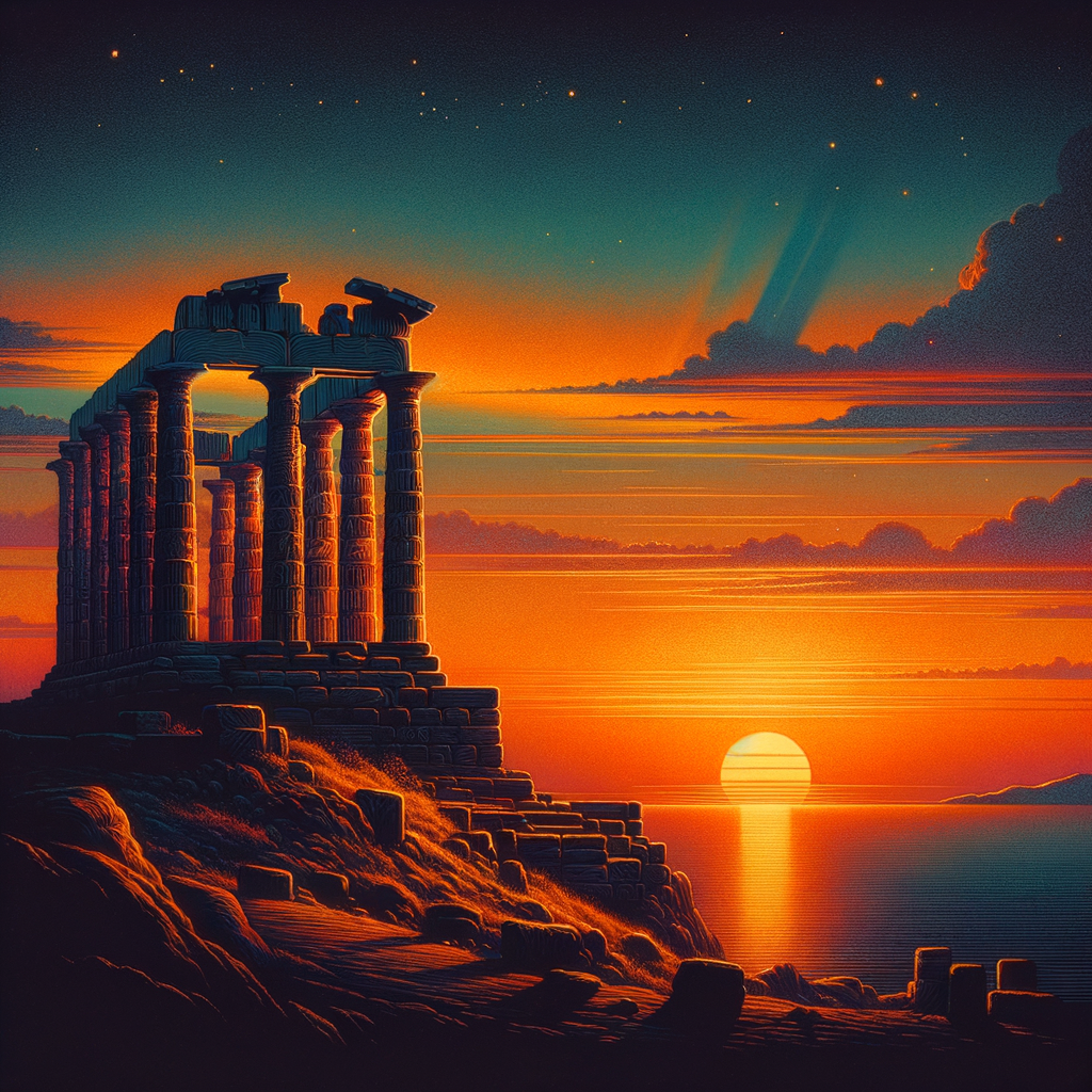 Sunset over Temple of Poseidon, Sounion.