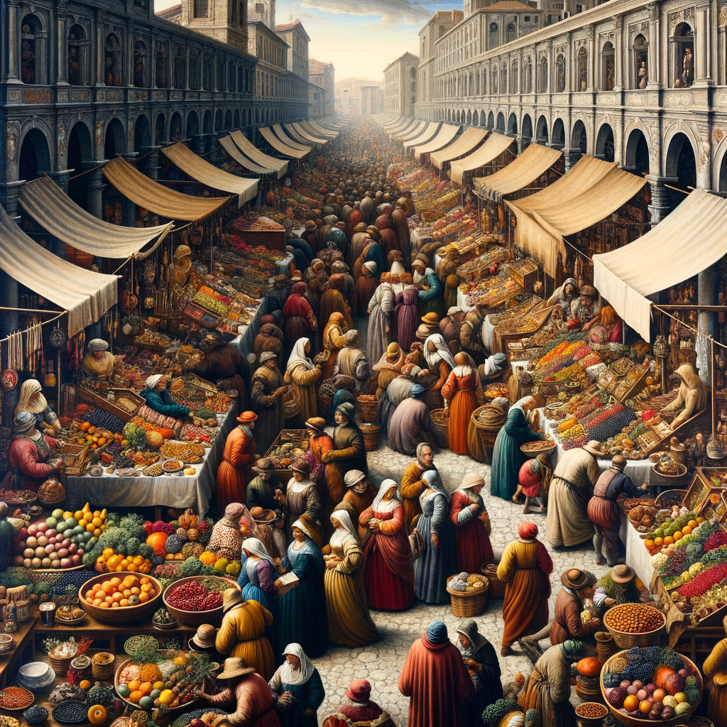 Vibrant market stalls surrounded by shoppers.