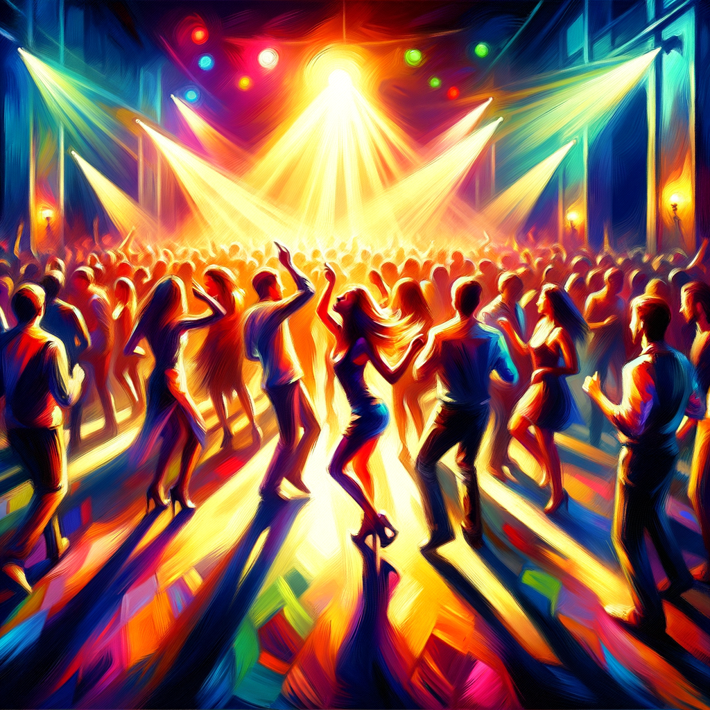 Vibrant nightclub scene with dancing crowds.